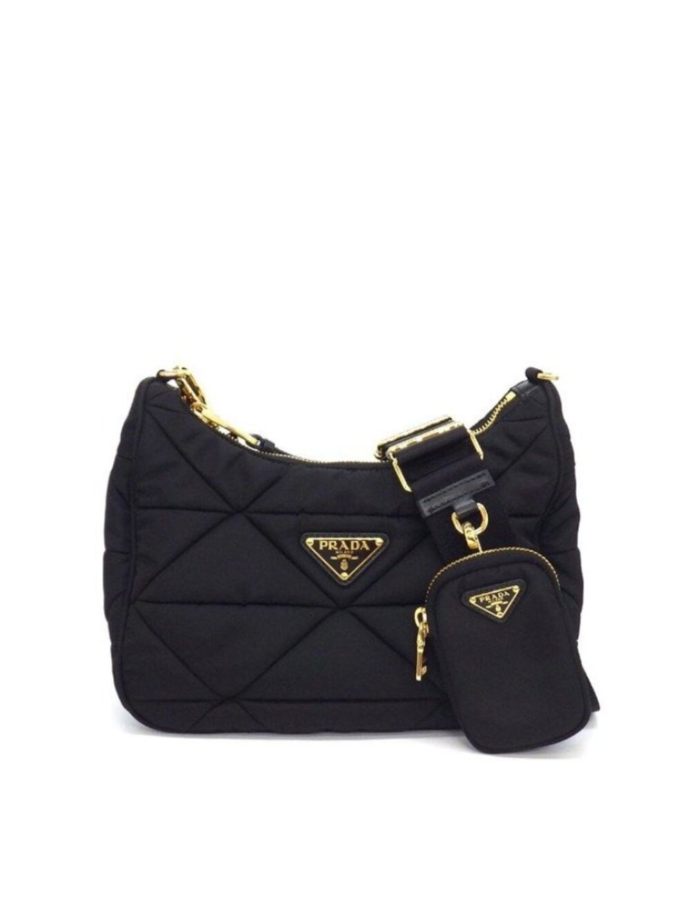 Prada Shoulder Bag Patted Quilted Re-Nylon Black Recycled Polyamide Gold